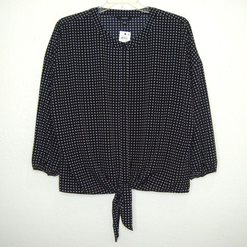 NWT ALFANI Button Front Tie Tiny Frames Blouse Black White Classic